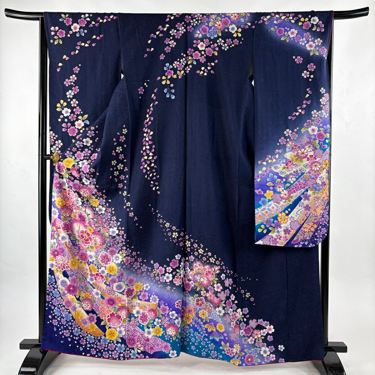 【美品】振袖禮服 身長163cm 袖長66.5cm M 雙層 草花紋紋 鼓 金銀彩 漸層 深藍 純蠶絲 名品級