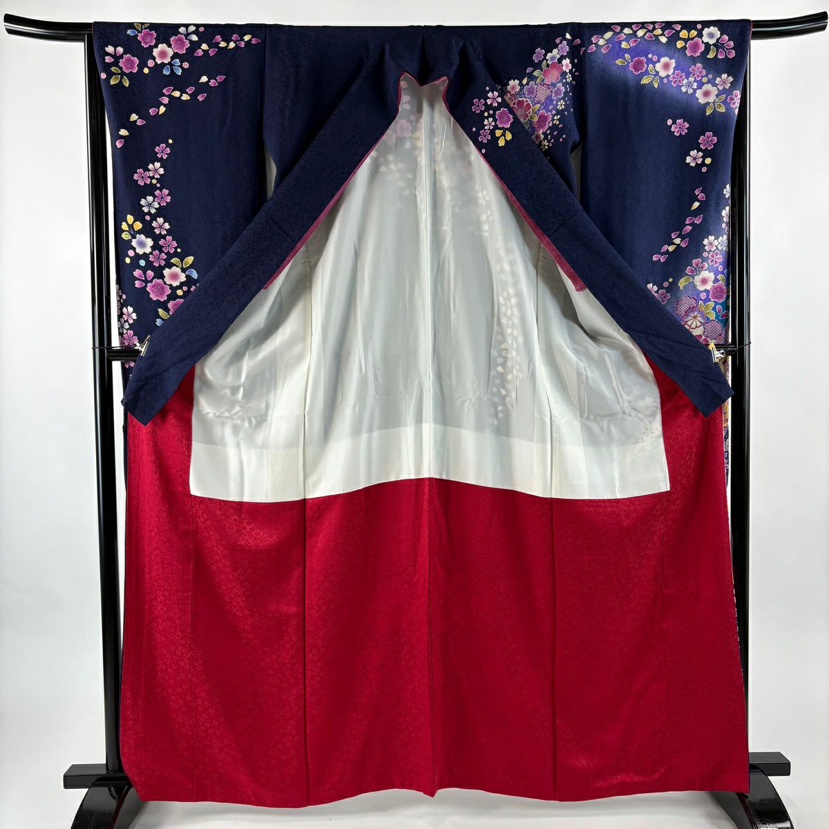 【美品】振袖禮服 身長163cm 袖長66.5cm M 雙層 草花紋紋 鼓 金銀彩 漸層 深藍 純蠶絲 名品級
