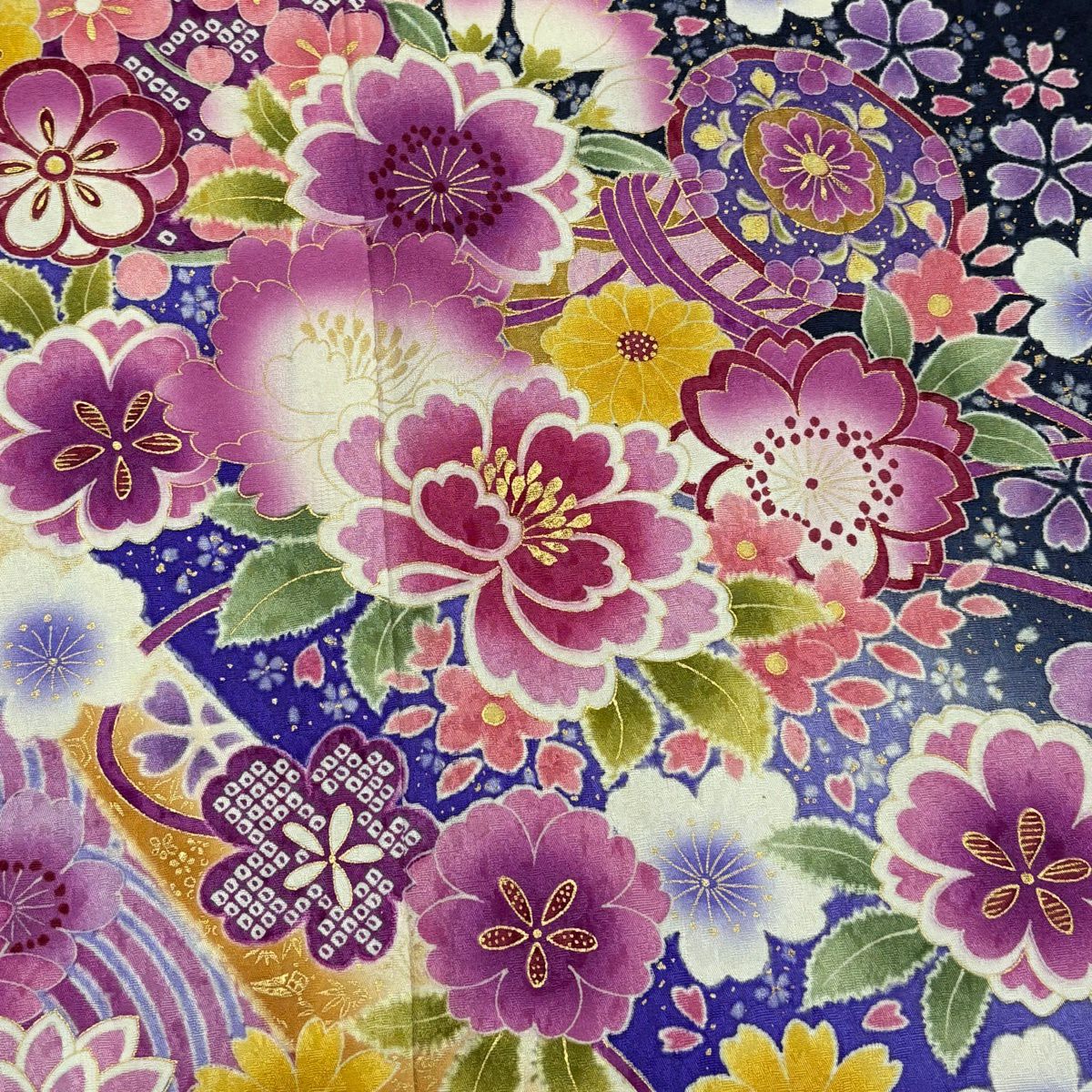 【美品】振袖禮服 身長163cm 袖長66.5cm M 雙層 草花紋紋 鼓 金銀彩 漸層 深藍 純蠶絲 名品級