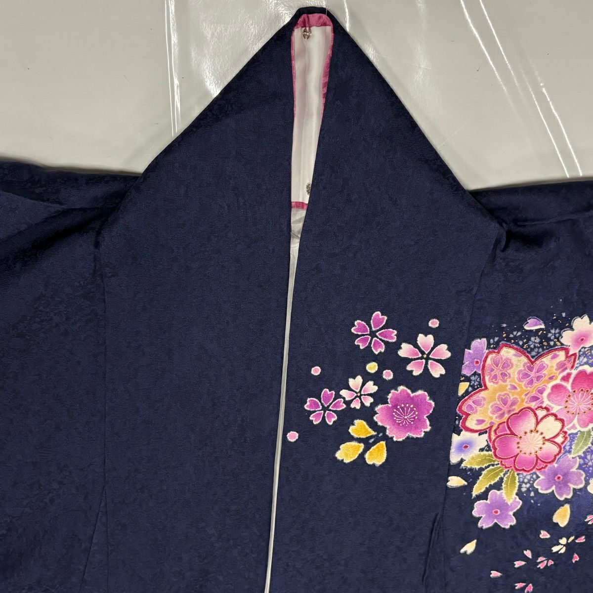 【美品】振袖禮服 身長163cm 袖長66.5cm M 雙層 草花紋紋 鼓 金銀彩 漸層 深藍 純蠶絲 名品級