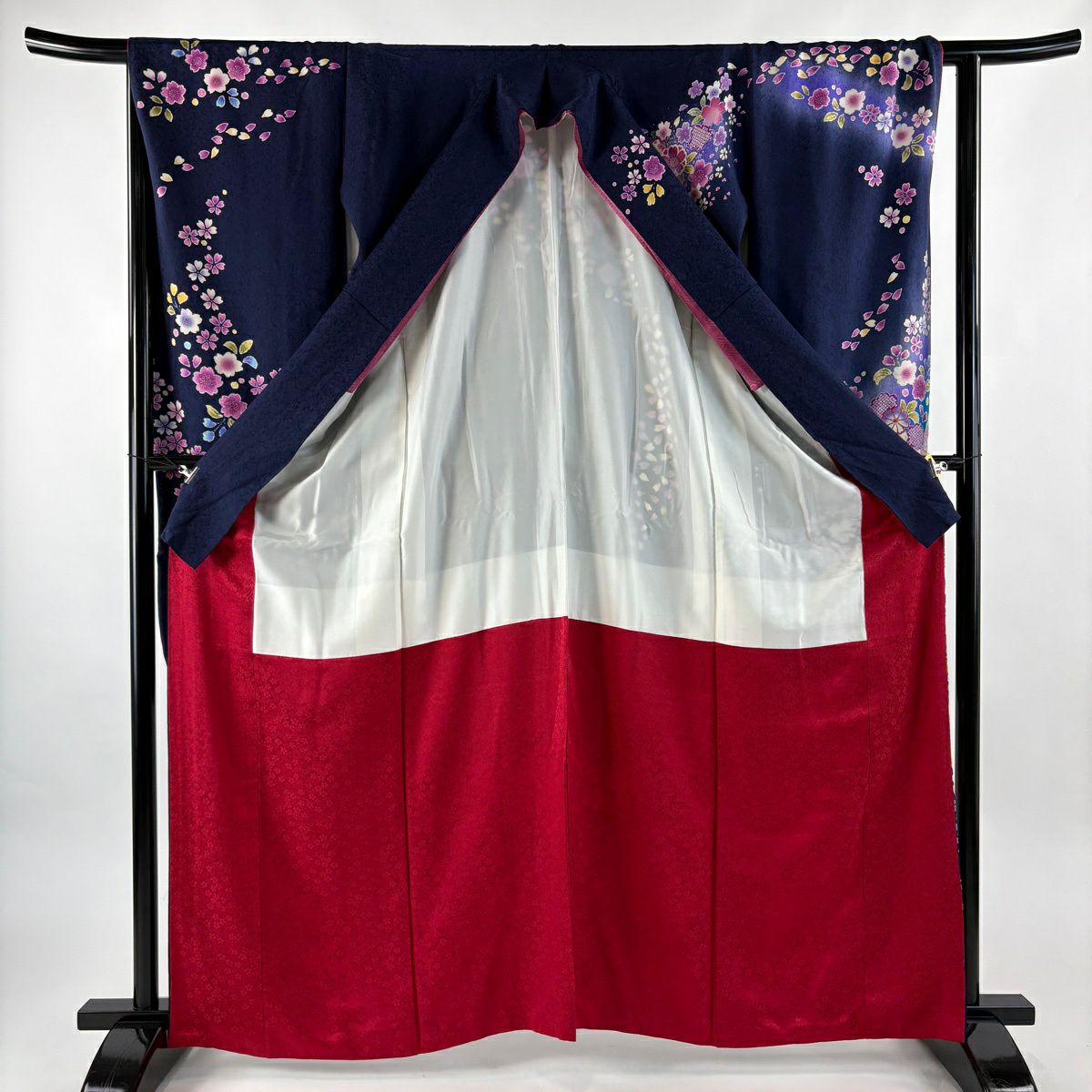 【美品】振袖禮服 身長163cm 袖長66.5cm M 雙層 草花紋紋 鼓 金銀彩 漸層 深藍 純蠶絲 名品級