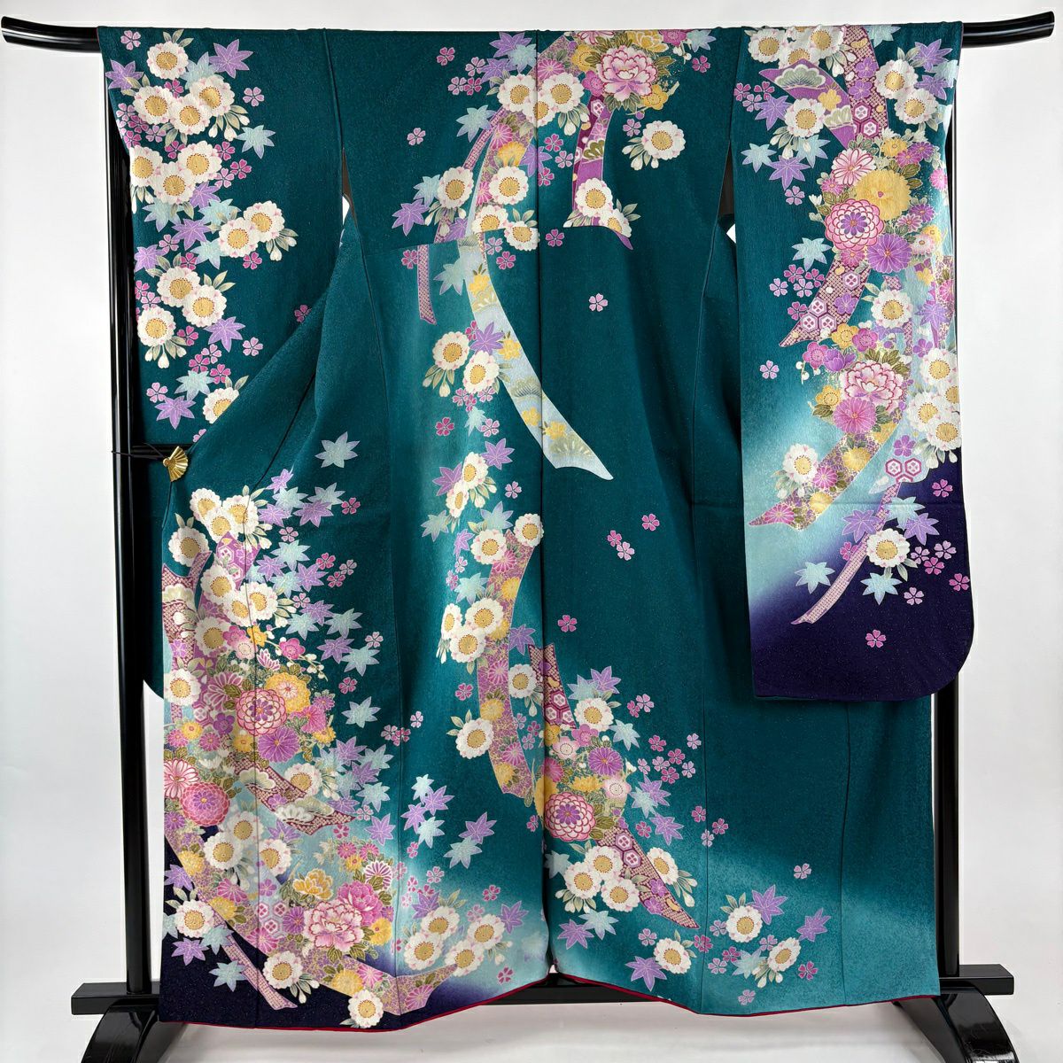振袖禮服 身長160cm 袖長68cm L 雙層 草花紋紋 熨斗紋 金通し 金金箔 青綠 純蠶絲 名品級