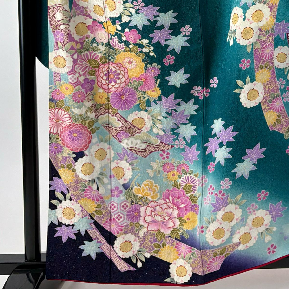 振袖禮服 身長160cm 袖長68cm L 雙層 草花紋紋 熨斗紋 金通し 金金箔 青綠 純蠶絲 名品級