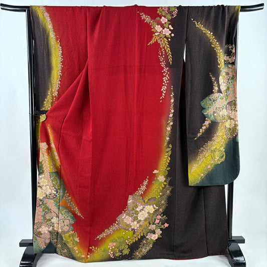 【美品】振袖禮服 身長167cm 袖長69.5cm L 雙層 草花紋紋 花丸紋 金通し 金銀彩 紅 純蠶絲 名品級