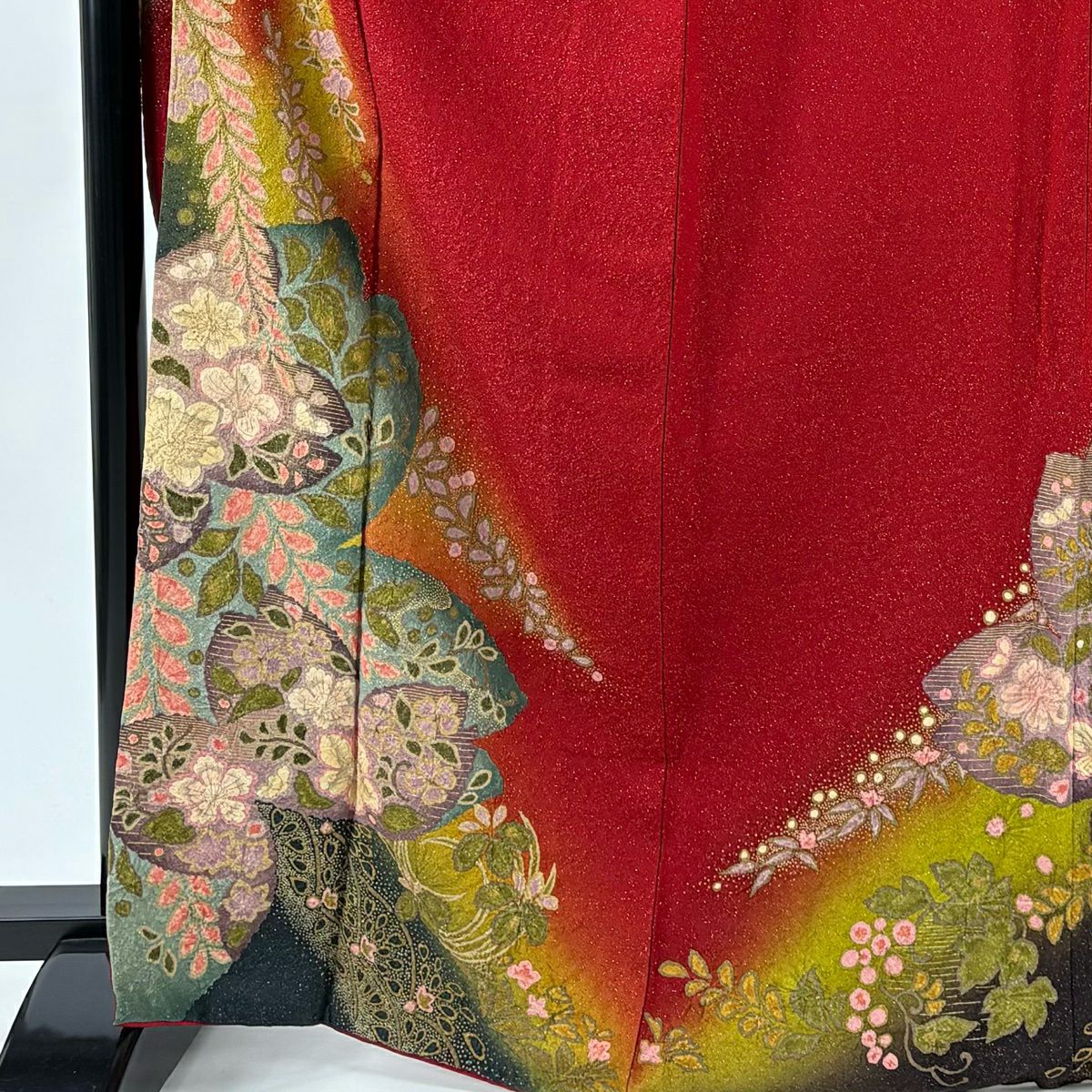 【美品】振袖禮服 身長167cm 袖長69.5cm L 雙層 草花紋紋 花丸紋 金通し 金銀彩 紅 純蠶絲 名品級