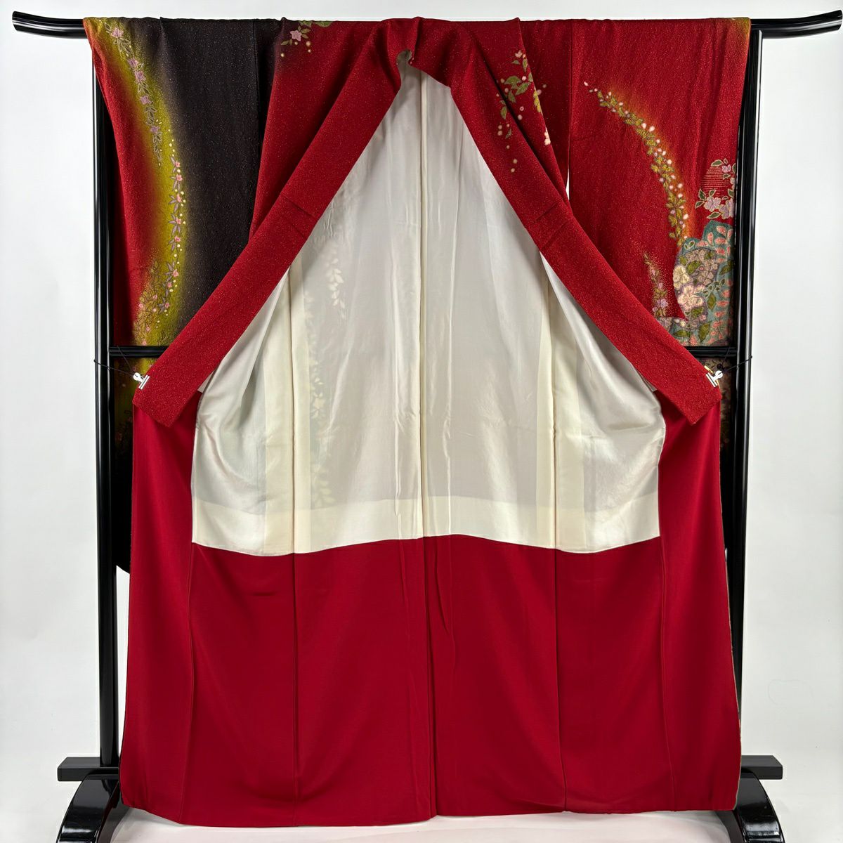 【美品】振袖禮服 身長167cm 袖長69.5cm L 雙層 草花紋紋 花丸紋 金通し 金銀彩 紅 純蠶絲 名品級