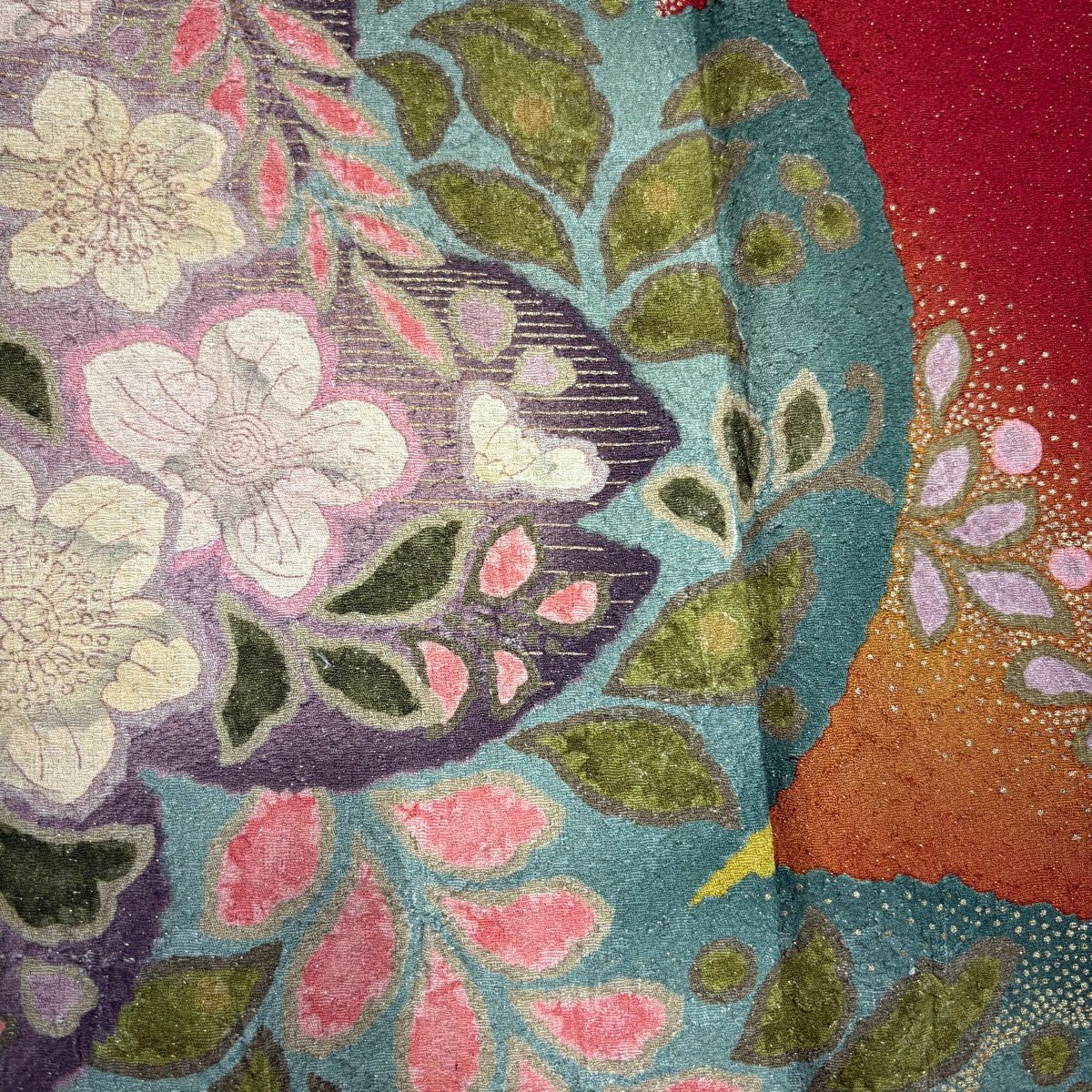 【美品】振袖禮服 身長167cm 袖長69.5cm L 雙層 草花紋紋 花丸紋 金通し 金銀彩 紅 純蠶絲 名品級