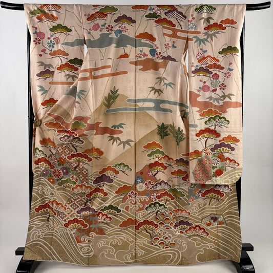 振袖禮服 身長166cm 袖長68cm L 雙層 落款有 松樹竹子梅花 波頭 金絲 金銀彩 粉米色 純蠶絲 名品級