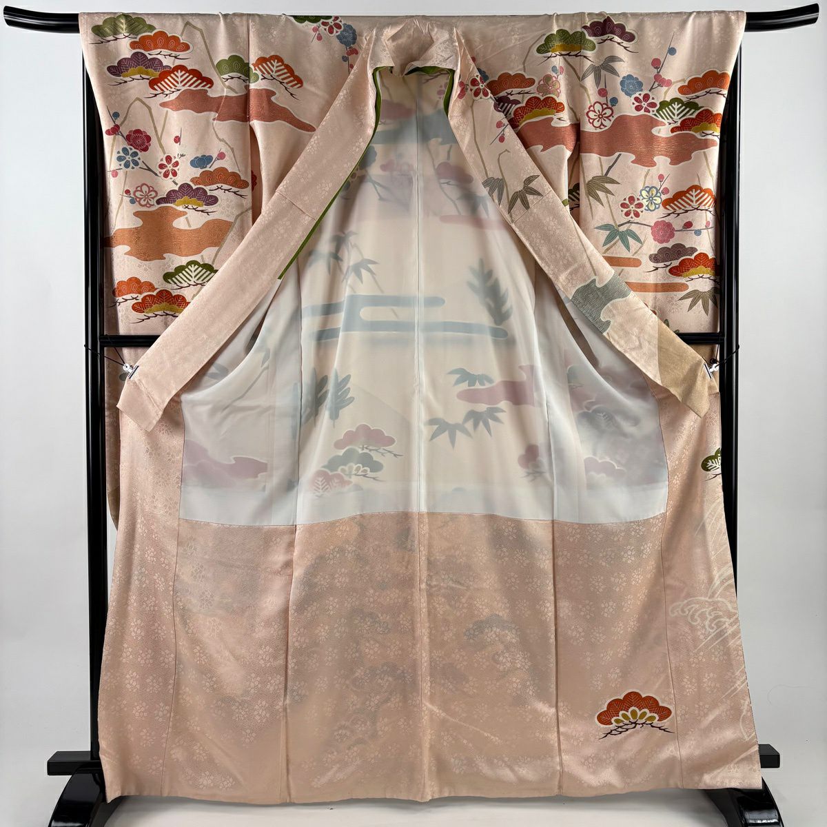 振袖禮服 身長166cm 袖長68cm L 雙層 落款有 松樹竹子梅花 波頭 金絲 金銀彩 粉米色 純蠶絲 名品級