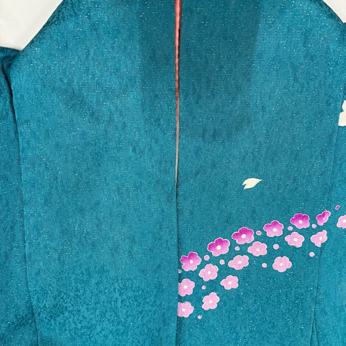 振袖禮服 身長162cm 袖長68cm L 雙層 雪輪 草花紋紋 銀通し 金銀彩 青綠 純蠶絲 名品級