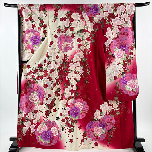 【美品】振袖禮服 身長168.5cm 袖長67.5cm L 雙層 牡丹 櫻花 刺繡 金金箔 奶油色 純蠶絲 名品級