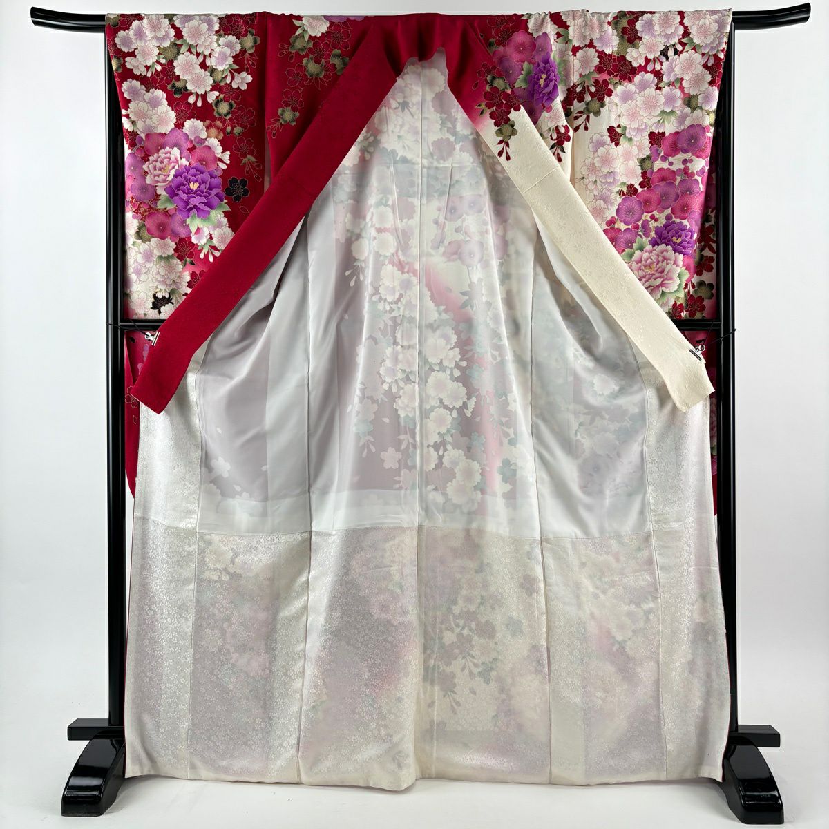 【美品】振袖禮服 身長168.5cm 袖長67.5cm L 雙層 牡丹 櫻花 刺繡 金金箔 奶油色 純蠶絲 名品級