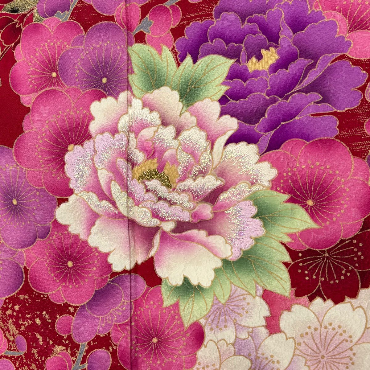 【美品】振袖禮服 身長168.5cm 袖長67.5cm L 雙層 牡丹 櫻花 刺繡 金金箔 奶油色 純蠶絲 名品級
