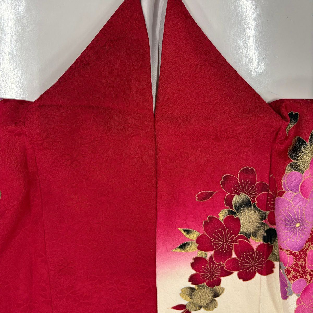 【美品】振袖禮服 身長168.5cm 袖長67.5cm L 雙層 牡丹 櫻花 刺繡 金金箔 奶油色 純蠶絲 名品級