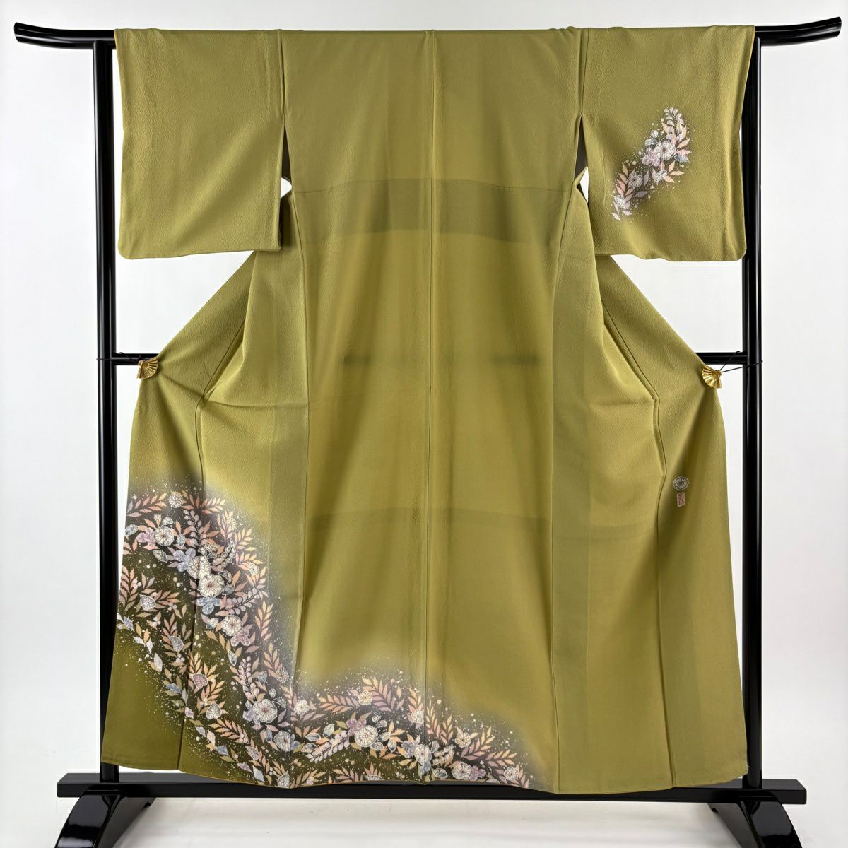 【美品】 付下 身長157cm 袖長64.5cm M 雙層 翠山工房 大和 落款あり 辻花染 分染 漸層 鶯色 純蠶絲 名品級