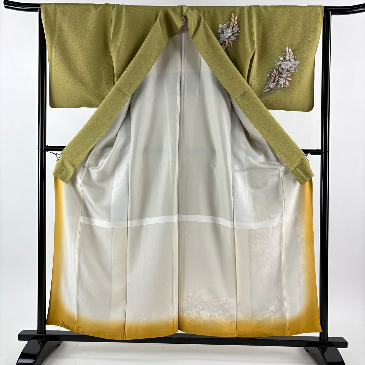 【美品】 付下 身長157cm 袖長64.5cm M 雙層 翠山工房 大和 落款あり 辻花染 分染 漸層 鶯色 純蠶絲 名品級