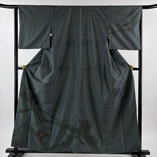 【美品】訪問服 身長160cm 袖長63.5cm S 雙層 大島紬織地 やまと 證書あり 花菱 花唐草紋 刺繡 金絲 深綠 純蠶絲 名品級
