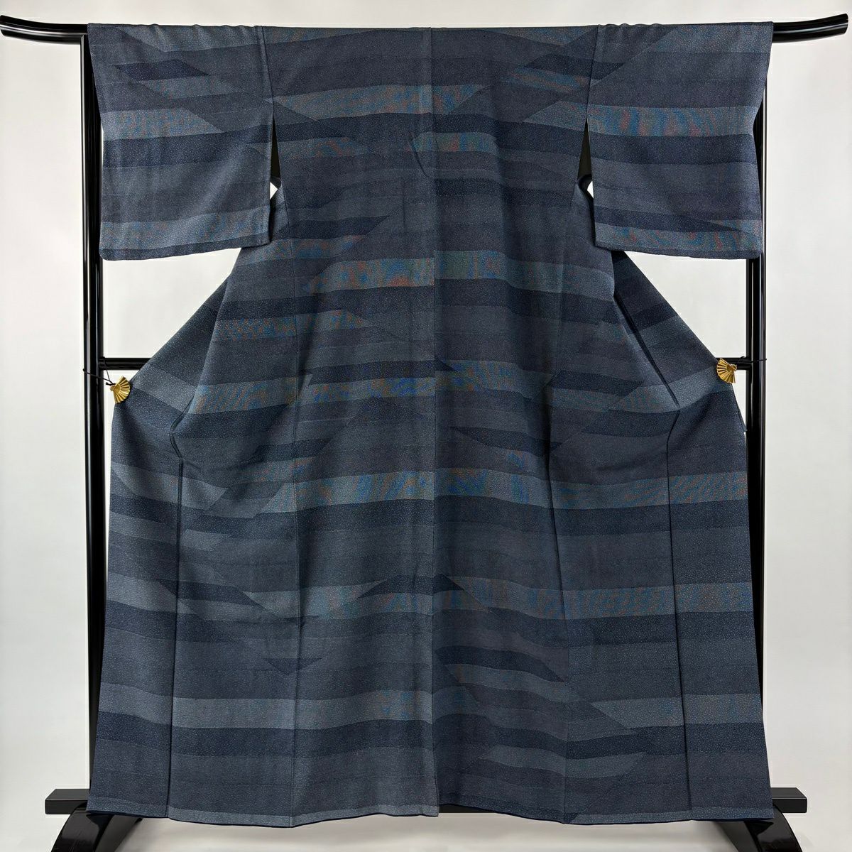 【美品】 小紋 身長160.5cm 袖長66cm M 雙層 段紋 幾何圖案 深藍 純蠶絲 名品級