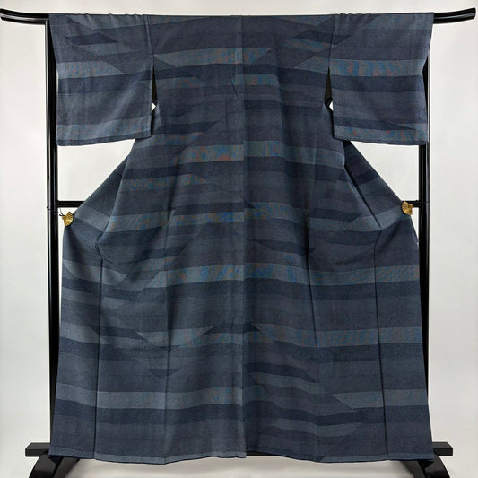 【美品】 小紋 身長160.5cm 袖長66cm M 雙層 段紋 幾何圖案 深藍 純蠶絲 名品級