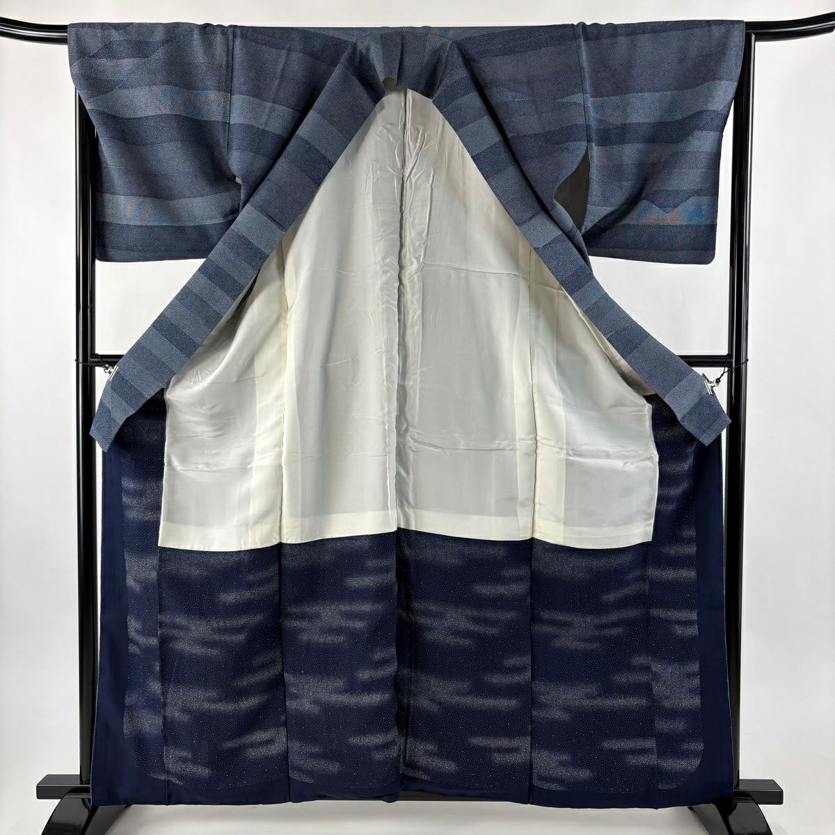 【美品】 小紋 身長160.5cm 袖長66cm M 雙層 段紋 幾何圖案 深藍 純蠶絲 名品級