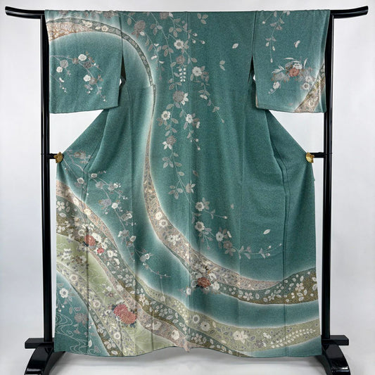 訪問服 身長162.5cm 袖長64.5cm M 雙層 菊花 枝梅花 金銀彩 漸變 青綠 純蠶絲 名品級