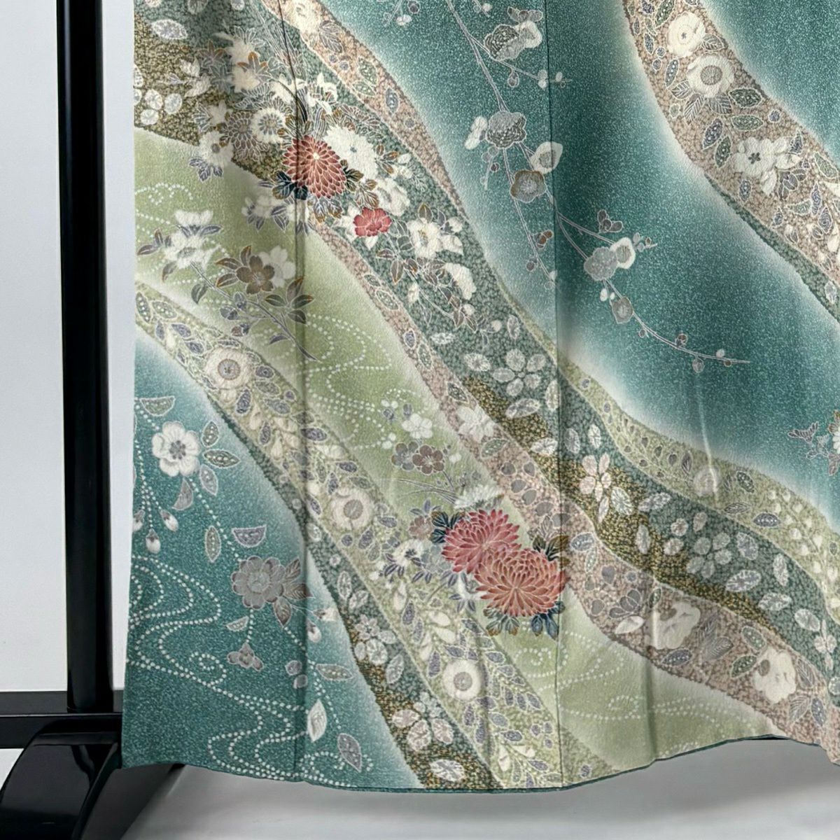 訪問服 身長162.5cm 袖長64.5cm M 雙層 菊花 枝梅花 金銀彩 漸變 青綠 純蠶絲 名品級