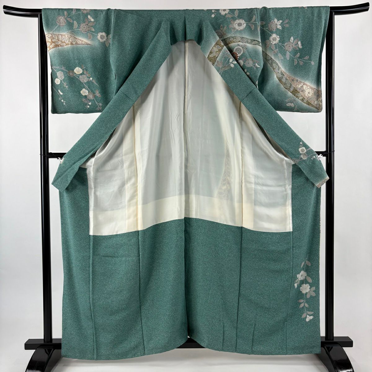 訪問服 身長162.5cm 袖長64.5cm M 雙層 菊花 枝梅花 金銀彩 漸變 青綠 純蠶絲 名品級