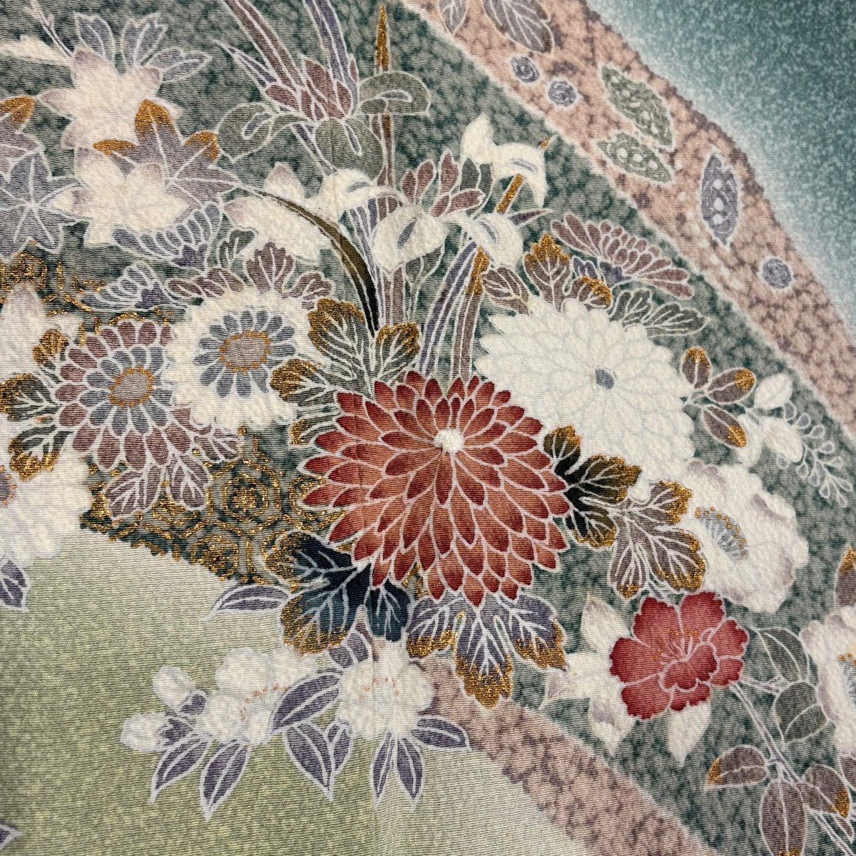 訪問服 身長162.5cm 袖長64.5cm M 雙層 菊花 枝梅花 金銀彩 漸變 青綠 純蠶絲 名品級