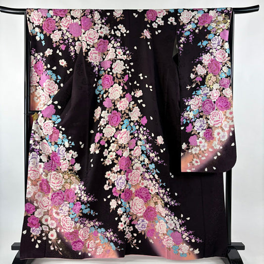 振袖禮服 身長164.5cm 袖長65cm M 雙層 牡丹 櫻花 金銀彩 金金箔 茶紫 純蠶絲 名品級