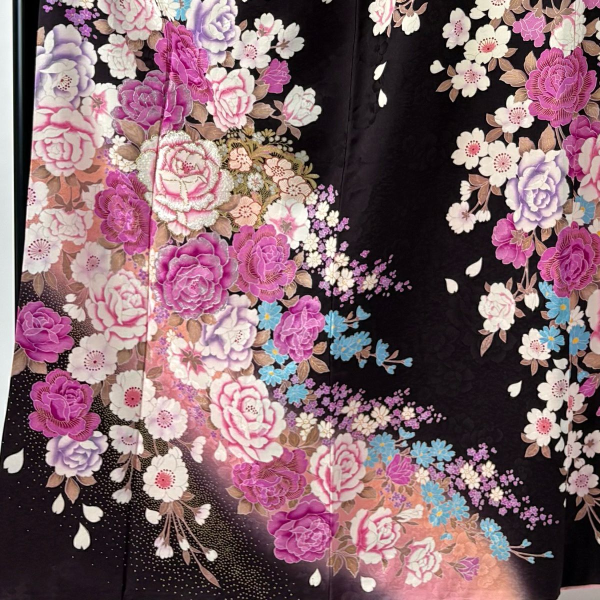 振袖禮服 身長164.5cm 袖長65cm M 雙層 牡丹 櫻花 金銀彩 金金箔 茶紫 純蠶絲 名品級