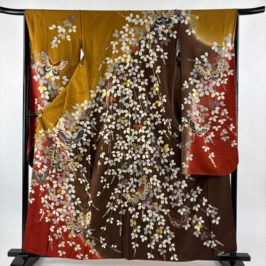振袖禮服 身長160.5cm 袖長65cm M 雙層 蝶 萩 金絲 金銀彩 山吹茶 純蠶絲 名品級