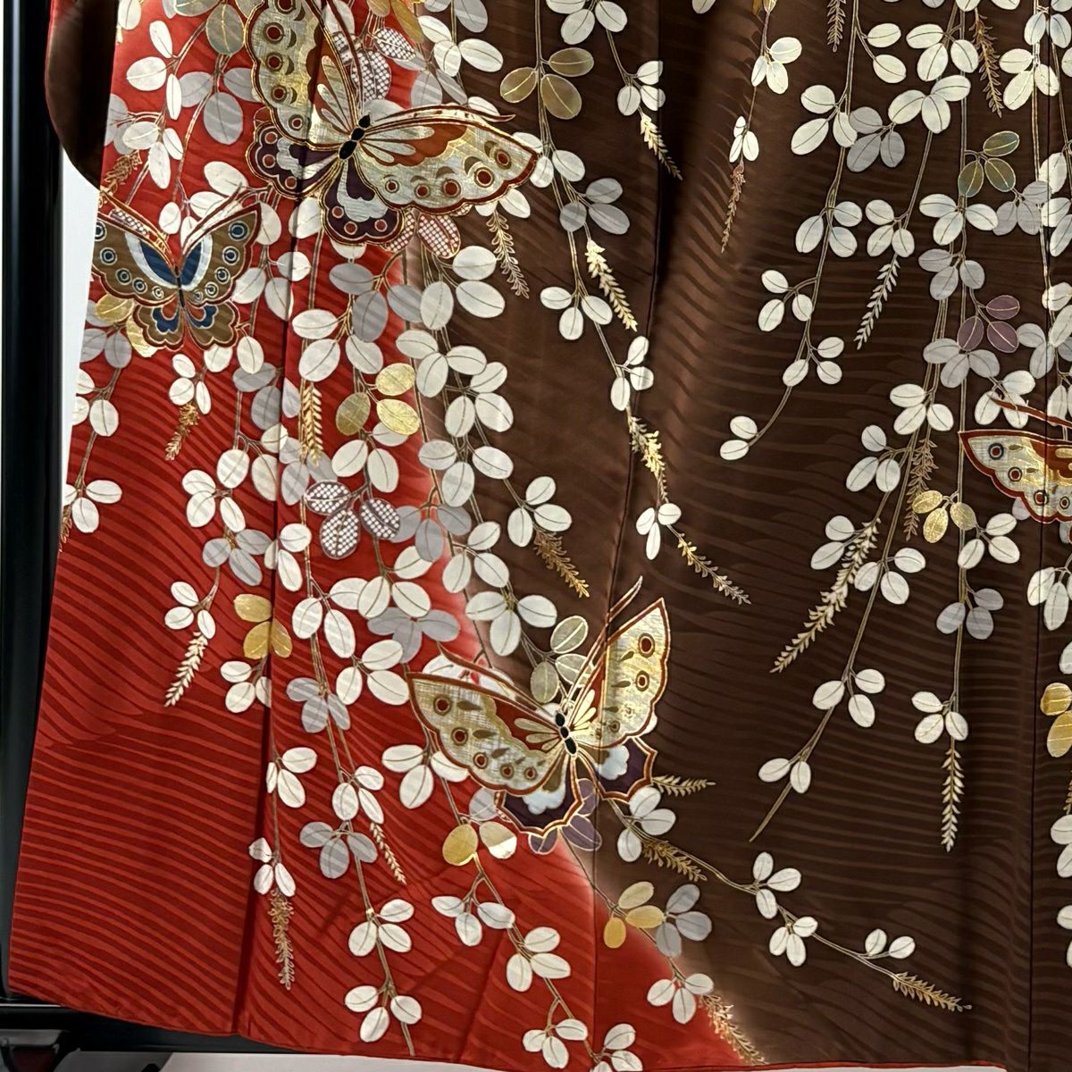 振袖禮服 身長160.5cm 袖長65cm M 雙層 蝶 萩 金絲 金銀彩 山吹茶 純蠶絲 名品級