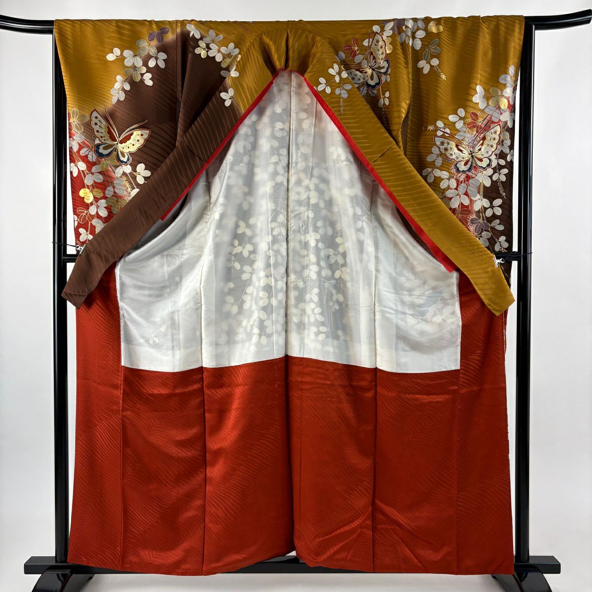 振袖禮服 身長160.5cm 袖長65cm M 雙層 蝶 萩 金絲 金銀彩 山吹茶 純蠶絲 名品級