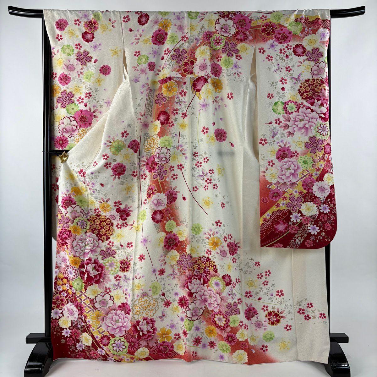 振袖禮服 身長168.5cm 袖長67cm M 雙層 牡丹 櫻花 刺繡 金銀彩 奶油色 純蠶絲 名品級