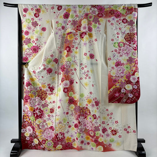 振袖禮服 身長168.5cm 袖長67cm M 雙層 牡丹 櫻花 刺繡 金銀彩 奶油色 純蠶絲 名品級