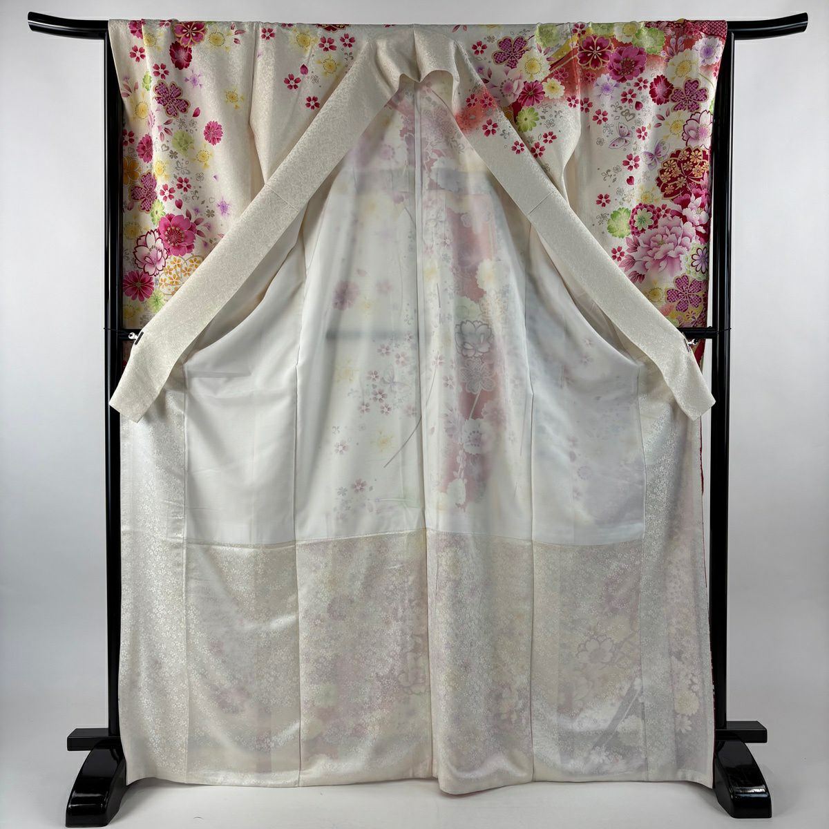 振袖禮服 身長168.5cm 袖長67cm M 雙層 牡丹 櫻花 刺繡 金銀彩 奶油色 純蠶絲 名品級