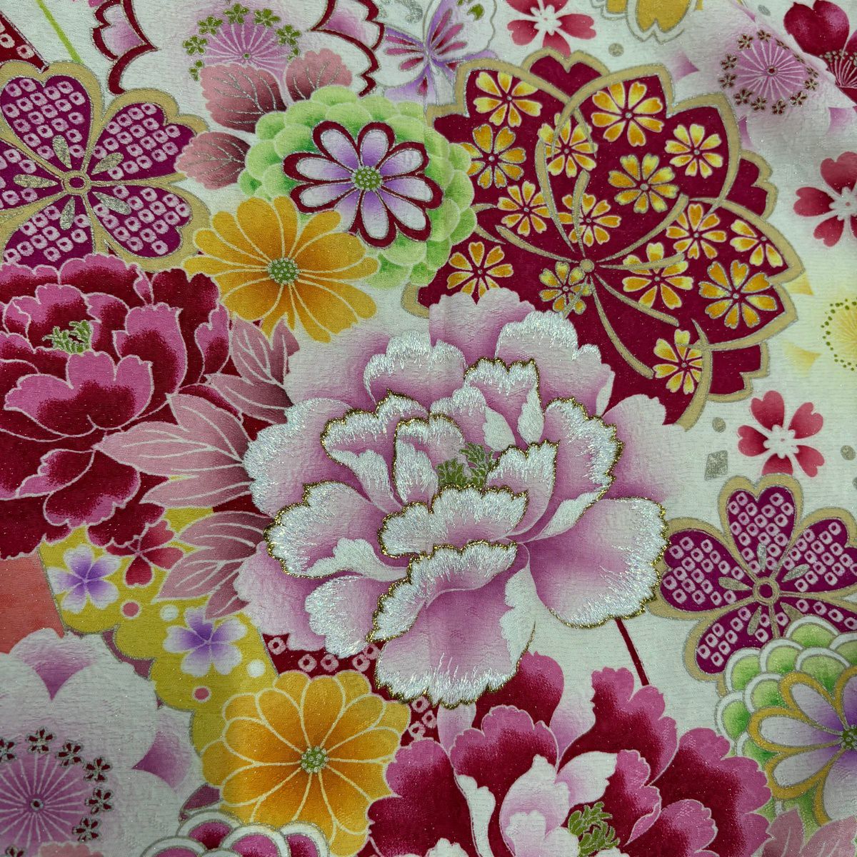 振袖禮服 身長168.5cm 袖長67cm M 雙層 牡丹 櫻花 刺繡 金銀彩 奶油色 純蠶絲 名品級