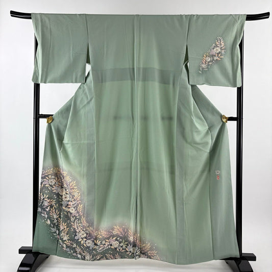 付下 身長161.5cm 袖長69cm L 雙層 翠山工房 やまと 有落款 辻花染 漸層 淺綠 純蠶絲 名品級