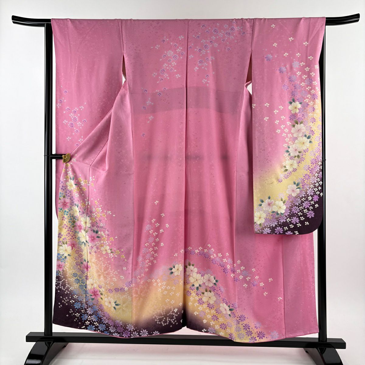 振袖禮服 身長154cm 袖長65.5cm M 雙層 草花紋紋 櫻花 銀通 金銀彩 粉紅 純蠶絲 名品級