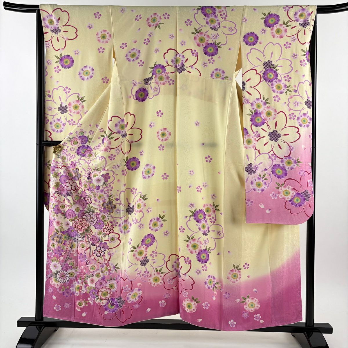 【美品】振袖禮服 身長156cm 袖長65.5cm M 雙層 花籠 櫻花 金金箔 漸層 淡黃 純蠶絲 名品級