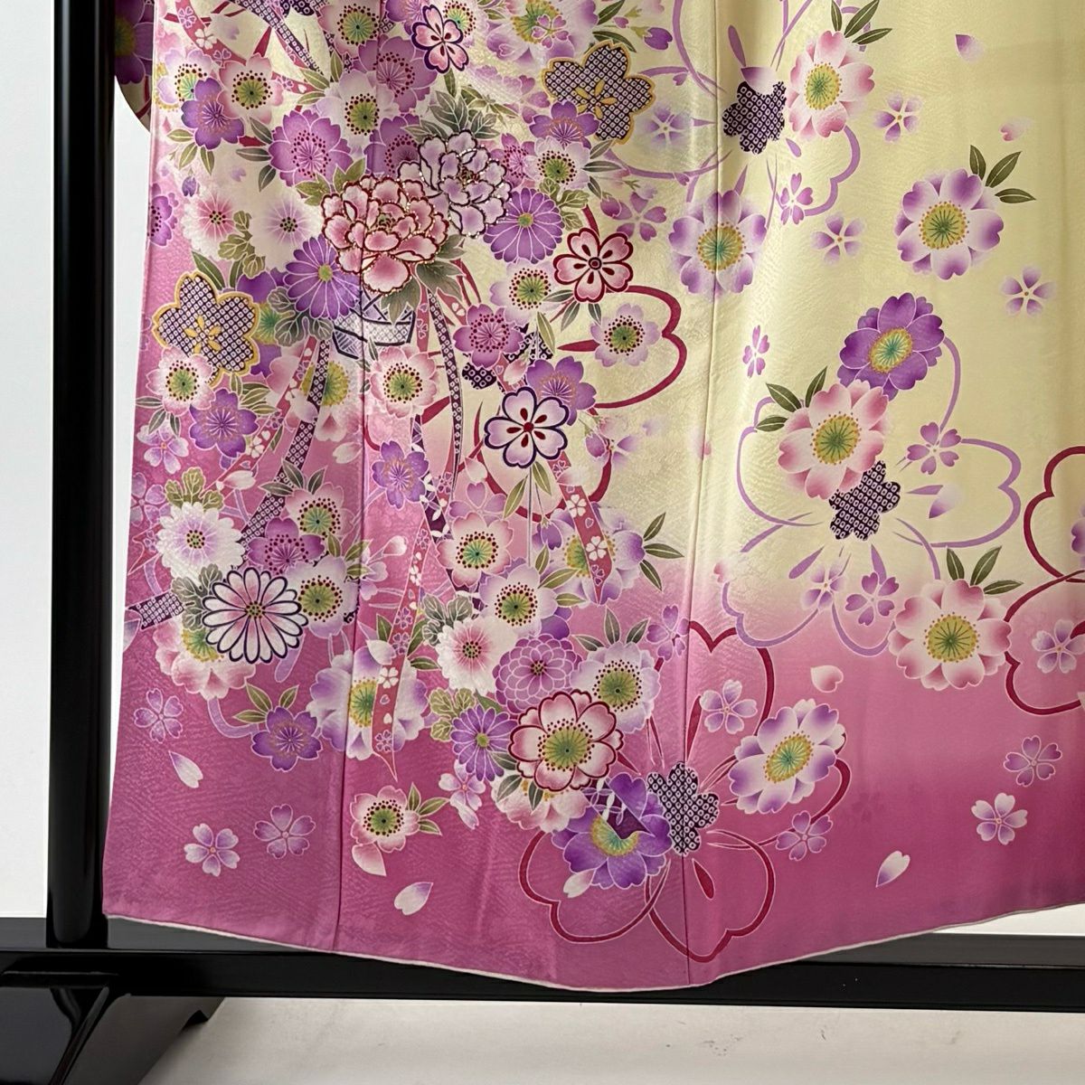 【美品】振袖禮服 身長156cm 袖長65.5cm M 雙層 花籠 櫻花 金金箔 漸層 淡黃 純蠶絲 名品級