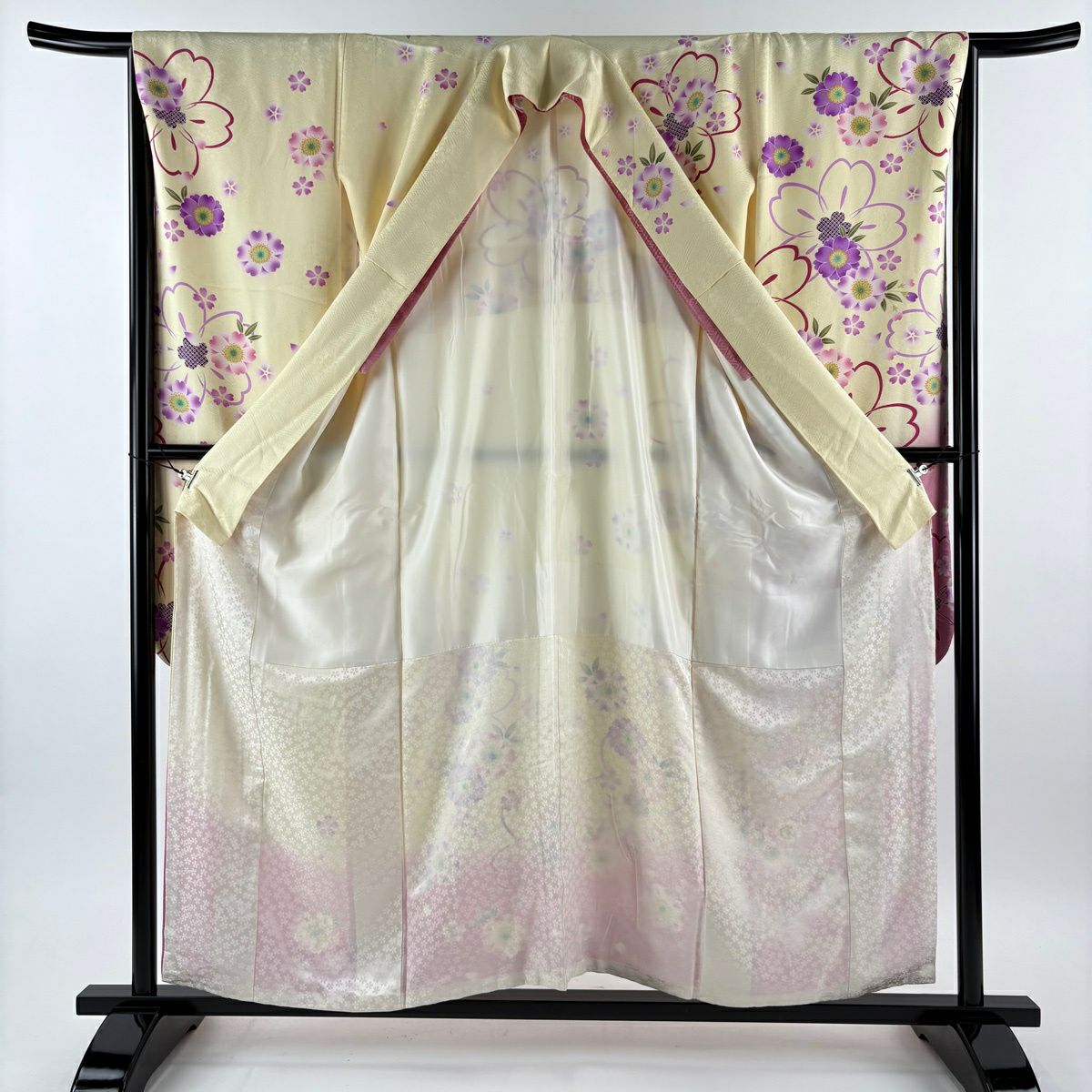 【美品】振袖禮服 身長156cm 袖長65.5cm M 雙層 花籠 櫻花 金金箔 漸層 淡黃 純蠶絲 名品級