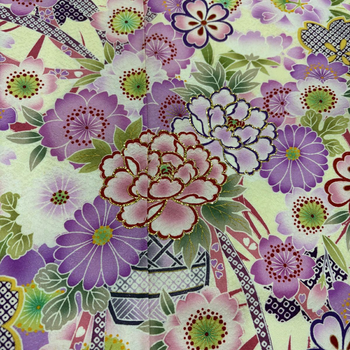 【美品】振袖禮服 身長156cm 袖長65.5cm M 雙層 花籠 櫻花 金金箔 漸層 淡黃 純蠶絲 名品級