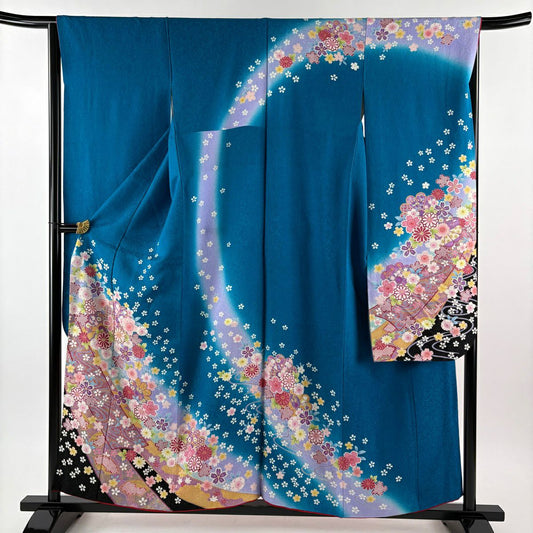 【美品】振袖禮服 身長157cm 袖長63.5cm S 雙層 草花紋紋 熨斗紋 金糸 銀通し 青 純蠶絲 名品級
