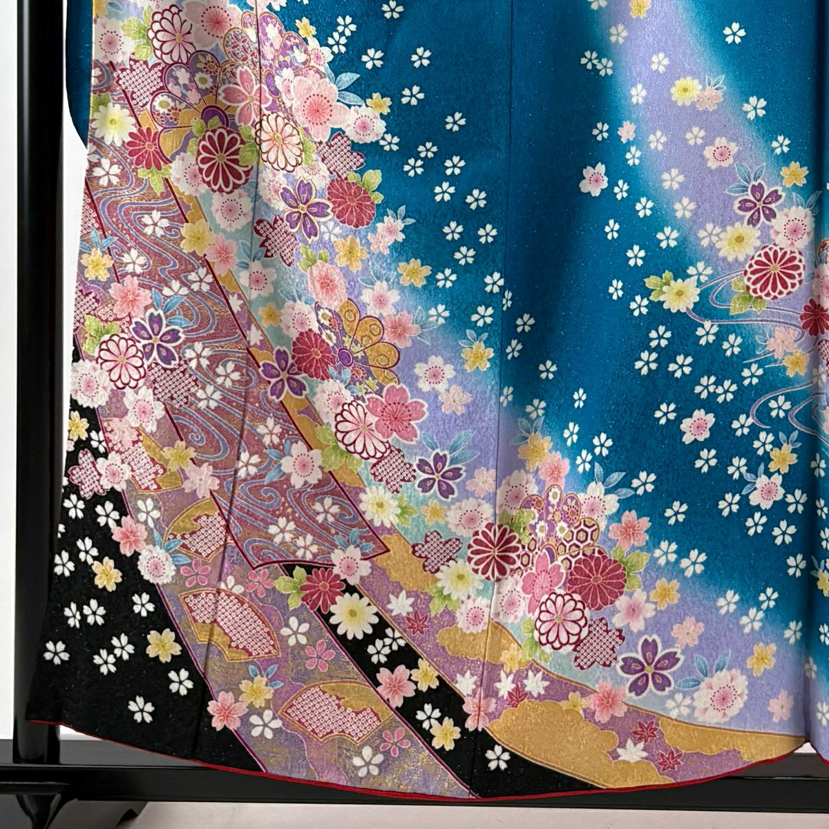 【美品】振袖禮服 身長157cm 袖長63.5cm S 雙層 草花紋紋 熨斗紋 金糸 銀通し 青 純蠶絲 名品級