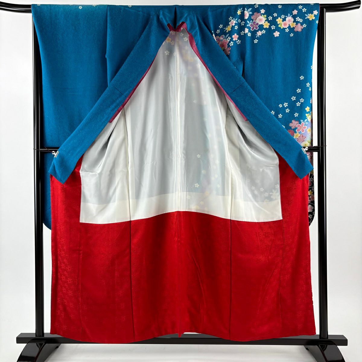 【美品】振袖禮服 身長157cm 袖長63.5cm S 雙層 草花紋紋 熨斗紋 金糸 銀通し 青 純蠶絲 名品級
