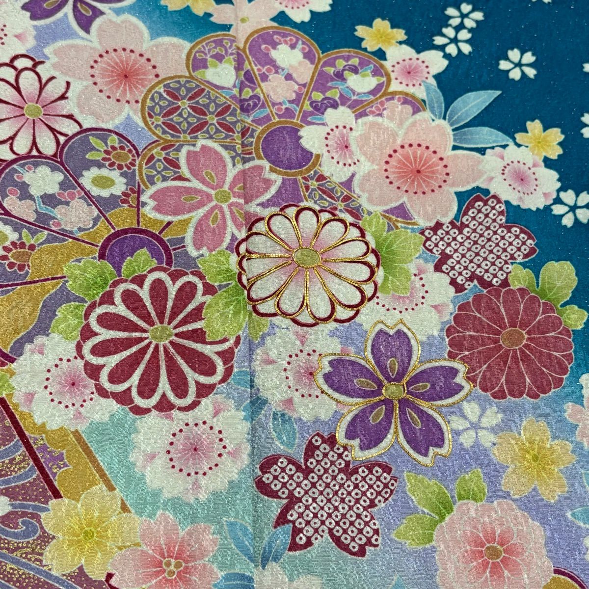 【美品】振袖禮服 身長157cm 袖長63.5cm S 雙層 草花紋紋 熨斗紋 金糸 銀通し 青 純蠶絲 名品級