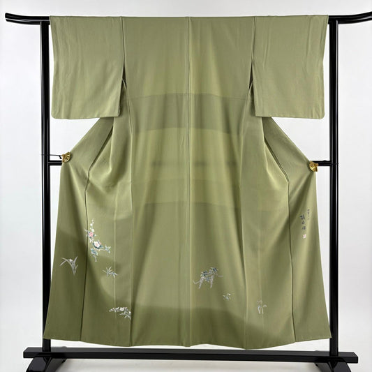 色留袖禮服 身長152.5cm 袖長62.5cm S 雙層 梶山伸 落款あり 椿 ヱ霞 漸層 抹茶 純蠶絲 名品級