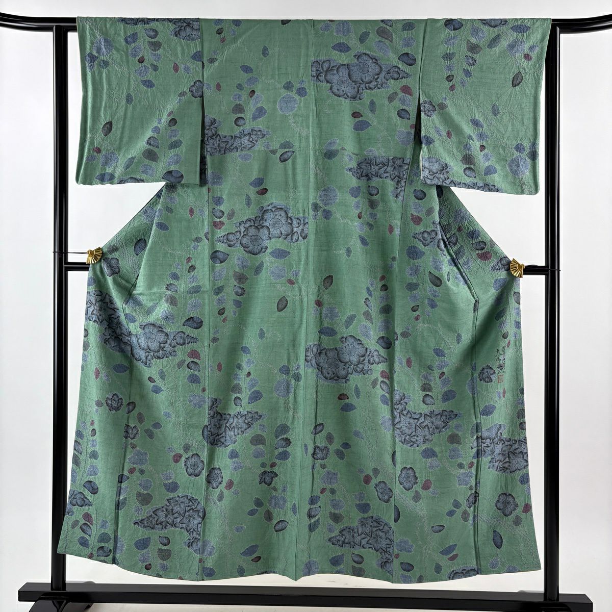 【美品】 小紋 身長153cm 袖長63cm S 雙層 大脇一心 紬織織 落款あり 辻花染 淡綠 純蠶絲 名品級