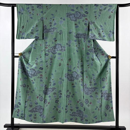 【美品】 小紋 身長153cm 袖長63cm S 雙層 大脇一心 紬織織 落款あり 辻花染 淡綠 純蠶絲 名品級